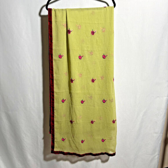 Green Chiffon Silk Scarf Wrap Pink Embroidered Flowers Red Velvet Trim * - Picture 2 of 10